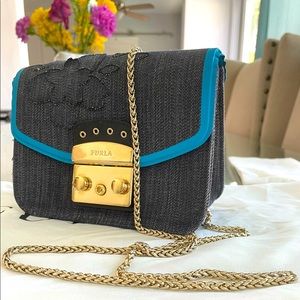 FURLA 'METROPOLIS TESSUTO JEANS' Blue Denim FLOWER Mini Crossbody LTD ED Bag